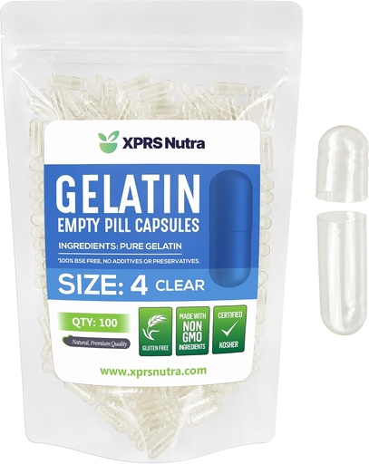 [BRSWKEAAPN7RS2TK] XPRS Nutra Maat 4 Lege Capsules - 100 Tellen Kleine Heldere Lege Gelatine Capsules - Pillen DIY Capsule vullen - Vulbare Pure Bovine Pill Gel Caps voor Do-It-Yourself Supplementen