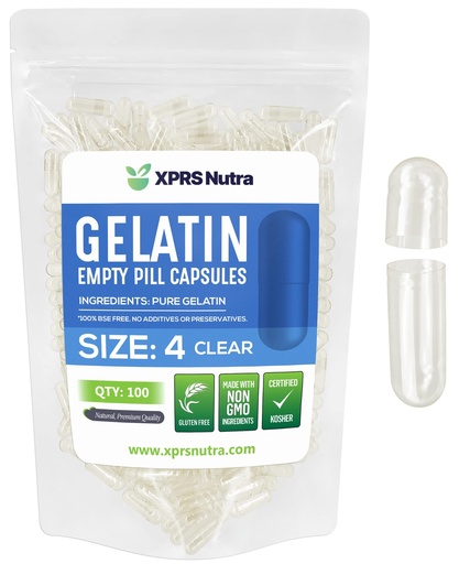 [BRSWKEAAPN7RS2TK] XPRS Nutra Size 4 Empty Capsules - 100 Count Small Clear Empty Gelatin Capsules - Pills DIY Capsule Filling - Fillable Pure Bovine Pill Gel Caps for Do-It-Yourself Supplements