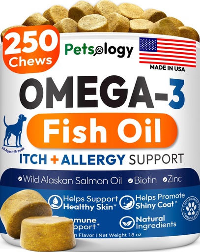 [BRSRGEIZB4BWO335] Omega 3 for Dogs - 250 Fish Oil Chews for Dog Shedding, Allergy & Itch Relief, Hot Spot Treatment - Advanced Skin & Coat Supplement - Joint Health - EPA & DHA Fatty Acids - Salmon Oil & Probiotics
