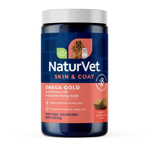 [BRSWIHL7AUAAIYD6] NaturVet Omega-Gold Plus Salmon Oil Skin Supplement for Pets - 180 Ct | Skin & Glossy Coat, Enhanced with DHA, EPA, Omega-3 & Omega-6, Dogs & Cats, 180 Soft Chews