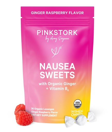 [BRSRACD6OYIGM3IY] Pink Stork Organic Ginger Raspberry Sweets with Vitamin B6 for Morning Sickness and Motion Sickness, Added Ginger & Vitamin B6, 1st Trimester Pregnancy Must Haves - 30 Wrapped Candies