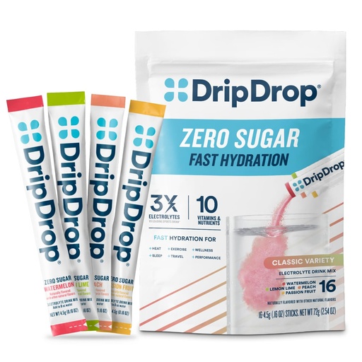 [BRSREYYTBMPGKAA4] DripDrop Sugar Free Hydration Packets - Zero Classic Variety Pack - Single Serve Electrolytes Powder Drink Mix - Lemon Lime, Watermelon, Peach, Passion Fruit - Non-GMO, Gluten Free, Vegan - 16 Sticks