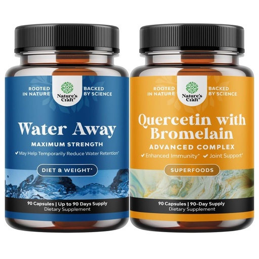 [BRSRECYYPN6GE3D3] Bundle of Water Away Herbal Diuretic Pills High Strength with Dandelion Leaf Extract & Green Tea for Bloating Relief and Pure Quercetin with Bromelain Supplement for Immune Aid - High Potent 500mg
