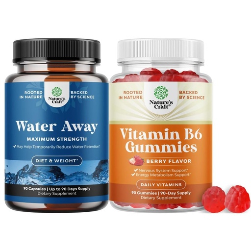 [BRSRECYYAUHBYCDX] Bundle of Water Away Herbal Diuretic Pills High Strength with Dandelion Leaf Extract & Green Tea for Bloating Relief and Potent Vitamin B6 Gummies - 50mg Per Serving for Immune Nerve & Mood Support