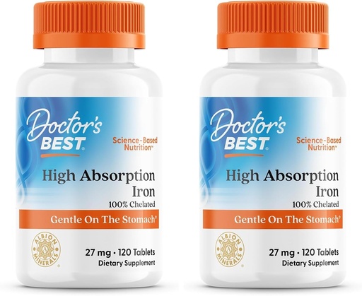 [BRSRAY35DIJQYDT6] Doctor's Best High Absorption Iron Tablet with Ferrochel, Gentle on The Stomach, Immune Health, Blood Health, 27 mg (Pack of 2)