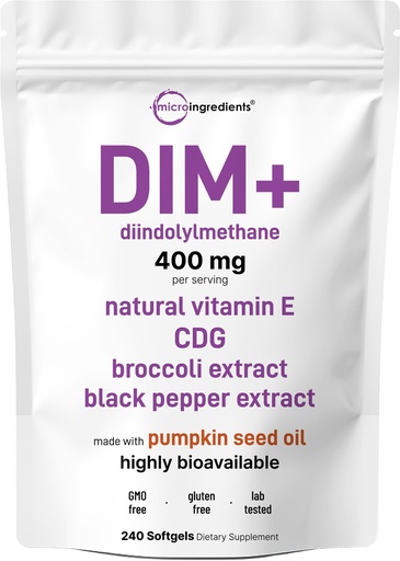 [BRSREGD5AUARUELX] Micro Ingredients DIM+ Supplement 400mg for Men & Women | 240 Softgels with Pumpkin Seed Oil | Highly Bioavailable 7-in-1 Complex with Vitamin E, CDG, Broccoli & Black Pepper Extract