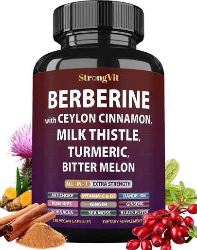 [BRSREFTQOIFQKET4] Berberine with Ceylon Cinnamon Supplement, Milk Thistle, Turmeric, Bitter Melon for Digestion, Immunity. Organic Complex for Men & Women, Non-GMO, Gluten-Free, Vegan, USA (120 Capsules)