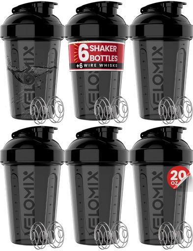 [BRSROCD6AAHBGFY4] VELOMIX -6 PACK- 20 oz Protein Shaker Bottle for Protein Mixes - 6x Wire Whisk | Leak Proof Shaker Cups for Protein Shakes| Stackable Protein Shaker Bottle Pack | Dishwasher Safe (ALL IN BLACK)