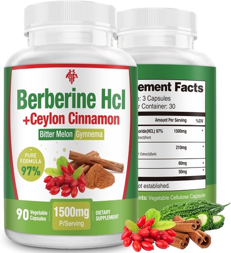 [BRSREHY3OJ5Q2GY6] Berberine Supplement 1500mg - Premium Berberine HCl 97% Purity Berberine Plus Pure Ceylon Cinnamon, High Potency Berberine for Men Women, Non-GMO Vegan