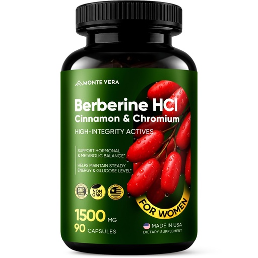 [BRSRGGQ2DN7B6ALH] Berberine Supplement HCl 1500mg with Cinnamon & Chromium, Highly Absorbable Formula for Supports Hormonal, Metabolic Health, Steady Energy Non-GMO (90 Capsules)