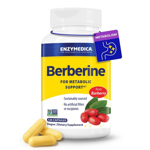 [BRSREGQYCICR63LG] Enzymedica Berberine HCl Supplement 510 mg - Berberine Capsules for Men & Women, Natural Metabolic Health Support, Vegan, Gluten Free, Non-GMO - 120 Targeted Release Caps
