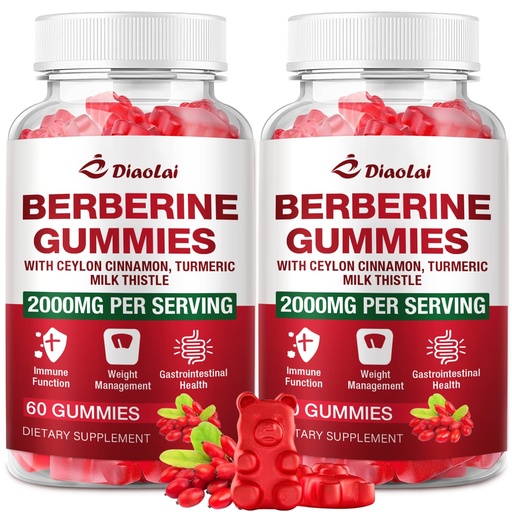 [BRSRABQOBYGR62Y4] Berberine Gummies 2000mg - Natural Organic Berberine HCL Supplement - Vegan, Non-GMO, Gluten-Free - Delicious Raspberry Flavor - 120 Count