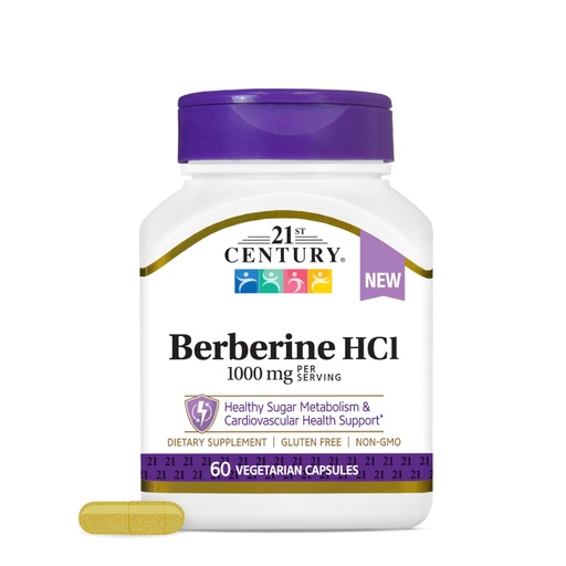 [BRSRE237A57RGCLB] 21st Century Berberine HCl 1000 mg per Serving, 60 Count, Helps Support Healthy Sugar Metabolism & Cardiovascular Health, Vegan, Non-GMO, Gluten Free, Berberine Supplement, 30 Servings