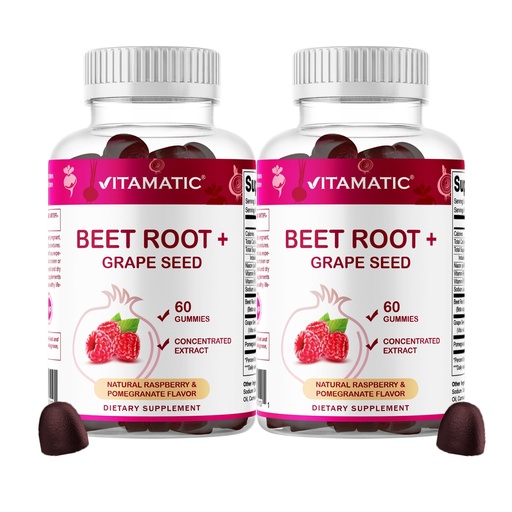 [BRSRAHYHO4CAYE3P] Vitamatic Beet Root Gummies with B6, B12, Grape Seed, Pomegranate & Nicotinamide – Plant-Based Extract – Vegan, Non-GMO – Botanical Supplement Gummies – 60 Count - 2 Pack (120 Count)