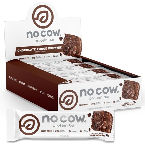 [BRSWKGL4CAFRCE3A] No Cow Vegan Protein Bars, Upgraded Chocolate Fudge Brownie | 20g Plant Based Protein, Gluten Free, Dairy Free, Soy Free, Keto Friendly, Low Sugar, High Fiber Snack Bars | Pack of 12