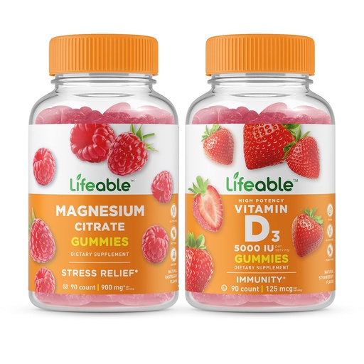 [BRSW2H33OR7BOCYV] Lifeable Magnesium + Vitamin D 5000 IU, Gummies Bundle - Great Tasting, Vitamin Supplement, Gluten Free, GMO Free, Chewable Gummy