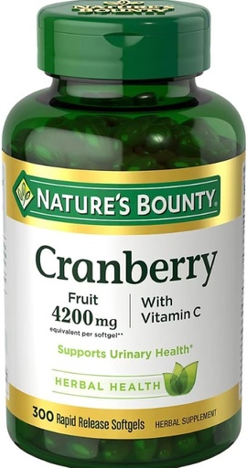 [BRSRABD4CMFWGEQ4] Natures Bounty Cranberry Fruit 4200mg with Vitamin C, Herbal Supplement, Supports Urinary Health, 300 Rapid Release Softgels