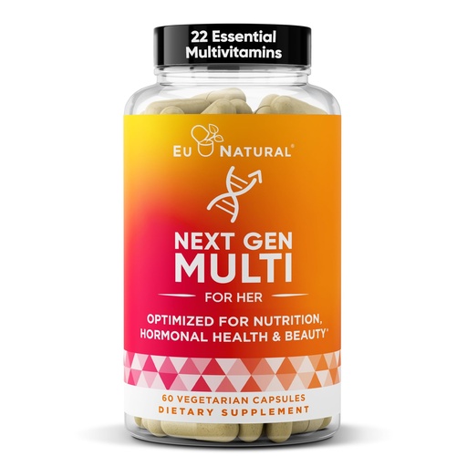 [BRSW2Y33BAMWMG3U] Eu Natural Next Gen Multivitamin for Women - 22 Optimized Vitamins for Immunity, Beauty, Brain, Energy, Bones and Heart - Vitamin C, D, E, K, Iron, B6 and DHA - 60 Vegetarian Soft Capsules