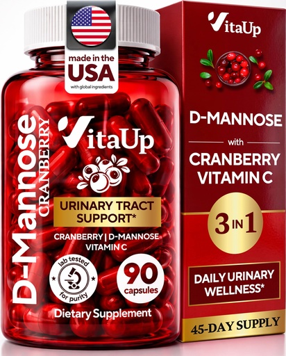 [BRSREZYROV6ROCD4] VitaUp D-Mannose Supplements for Women – USA Made D-Mannose with Cranberry & Vitamin C – Cranberry Capsules for Women for Urinary Tract & Bladder, Immune Support – 90 Vegan Cranberry Capsules