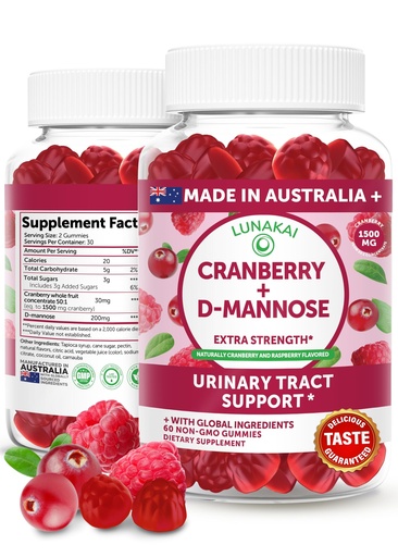 [BRSREYYHAAIRYGTK] Lunakai Cranberry Gummies for Women 1500mg (50:1 Extract) with D-Mannose 200mg - Daily Cranberry Supplement for Urinary Tract Health & Bladder Support, Non-GMO – Made in Australia – 60ct