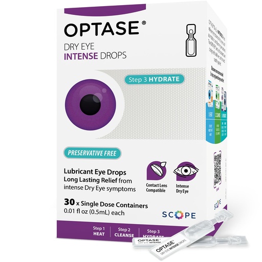 [BRSROCABAQFBQFLB] Optase Dry Eye Intense Drops, 30 Single Dose Vials – Preservative Free Eye Drops for Dry Eyes – Moderate to Severe Artificial Tears - Contact Lens Compatible - .01 fl oz per Vial