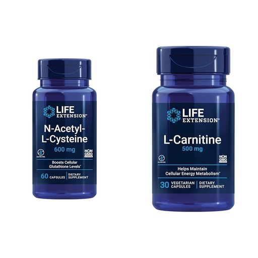 [BRSRAY33O4FGYDY6] Life Extension NAC Immune & Respiratory Support & L-Carnitine Energy, Memory & Heart Health, 600mg NAC & 500mg L-Carnitine, 60 & 30 Capsules
