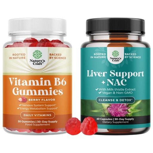 [BRSRG2TYCAGRQCYY] Bundle of Potent Vitamin B6 Gummies for Adults - Vitamin B Complex Supplements for Nervous System and Liver Support NAC Supplement with Milk Thistle for Liver Cleanse Detox & Repair N Acetyl Cysteine