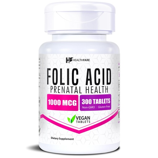 [BRSRAYDRCAAROE3H] Healthfare Folic Acid 1000mcg | 300 Veg Tablets | Vitamin B9 | Gluten-Free | Non-GMO | Made in USA