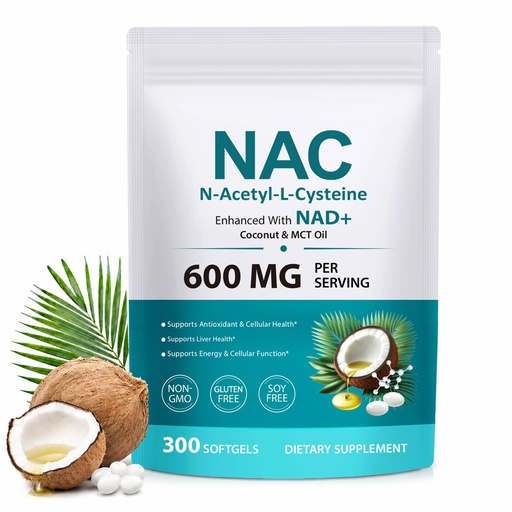 [BRSRGAI5CV4AEC37] NAC 600mg Supplement with NAD+ & MCT Oil, 300 Softgels NAC– N-Acetyl Cysteine Supplement for Daily Wellness Support – Non-GMO, Gluten Free