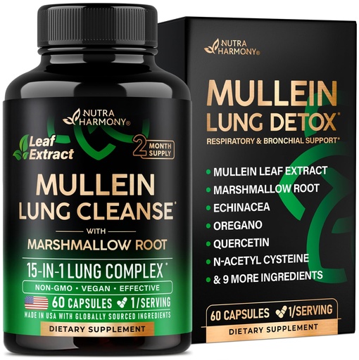 [BRSRA2YQCR7RO2DA] Mullein Lung Detox - Mullein Leaf 10:1 Extract - Marshmallow Root | Echinacea | Oregano | Quercetin | NAC - 15-in-1 Lung Support & Cleanse for Smokers Supplement - Made in USA - As Drops - 60 Capsules