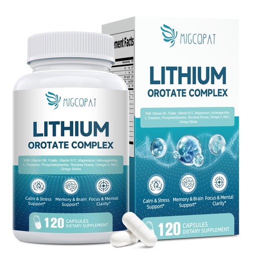 [BRSREBAFBV5RYEQZ] Lithium Orotate Complex | Magnesium Glycinate, Lithium Orotate 10 mg, Ashwagandha, NAC & Omega-3 | Brain Health Lithium Supplements for Cognitive, Mood & Memory – Non-GMO, 120 Vegan Capsules