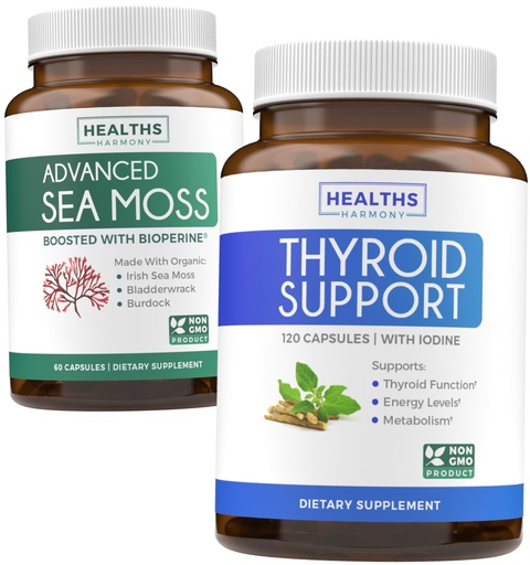 [BRSROFABOR5B6ELA] Bundle of Thyroid Support & Sea Moss - Sea Moss Thyroid Care Pack - Thyroid Support with Iodine (120 Caps) & Irish Sea Moss Capsules - Raw Vegan Supplement with BioPerine (Non-GMO & Organic)