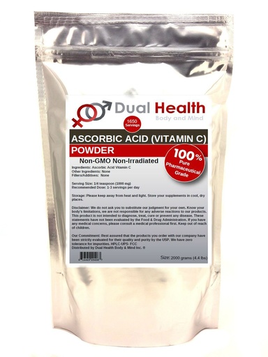 [BRSWKYAFARYRUALK] Ascorbic Acid (2000 Grams - 4.4 lbs) Pure Vitamin C Powder High Potency Food Grade Cell and Immune Support Non-GMO Soluble Fine Crystals Antioxidant Bulk Supplements Skin Hair Bones Teeth Nails