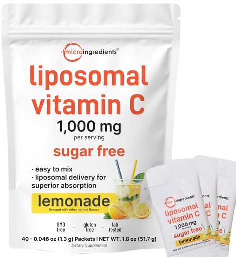 [BRSREYIOA4MAAFL6] Micro Ingredients 1,000mg Vitamin C Powder for Daily Use | Liposomal Fat-Soluble Form for Better Absorption | Sugar-Free Lemonade Drink Mix | 40 Travel Packets, Fast-Dissolving