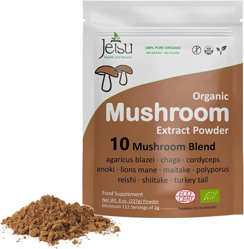[BRSWGFQKAQGROETA] Mushroom Extract Powder - Powerful 10 Blend, Organic Lions Mane, Cordyceps, Reishi, Shiitake, Turkey Tail Mushrooms Nootropic Brain Supplement for Energy, Calm, Focus & Immune System Booster