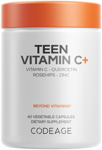 [BRSRGAIFA4FAMDIU] Codeage Teen Vitamin C+ Supplement - Liposomal 250mg Vitamin C for Teenagers - Quercetin, Zinc, Elderberry & Rosehip Extracts, Citrus Bioflavonoids - Ages 12-18 - Gluten-Free, Non-GMO - 60 Capsules