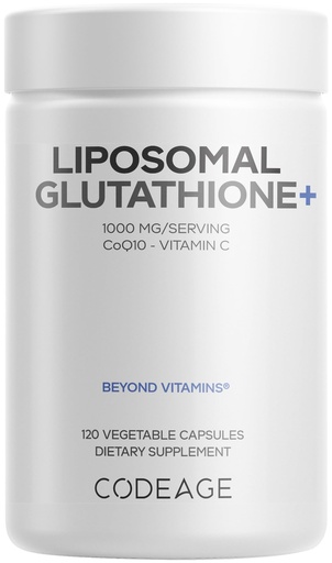 [BRSREHTYAQBQIC3A] Codeage Liposomal Glutathione+ Supplement - 1000 mg Reduced L-Glutathione Pills, Vitamin C Ascorbic Acid, CoQ10 - Liposomal Delivery - Skin & Antioxidant Support - Non-GMO - 120 Capsules