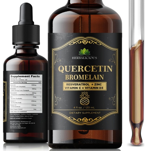 [BRSRGGIFO4CQK2Q7] HERBALICIOUS Quercetin Bromelain Liquid with Resveratrol, Zinc, Vitamin C & D3 – Immune Support Drops – 4 fl oz (120 mL) – Fast Absorption – Non-GMO Dietary Supplement