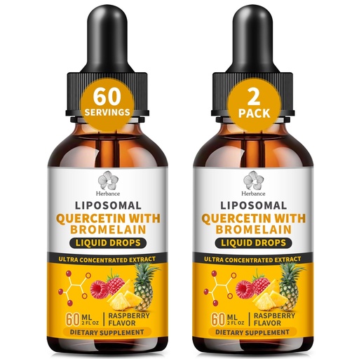 [BRSREGAQOACRAC3U] (2 Pack) Liposomal Quercetin with Bromelain Liquid Drops for Kis & Aldult- Higher Absorption, Quercetin Supplements 700mg w. Bromelain Elderberry Zinc Vitamin C for Immune, Heart, Antioxidant Support