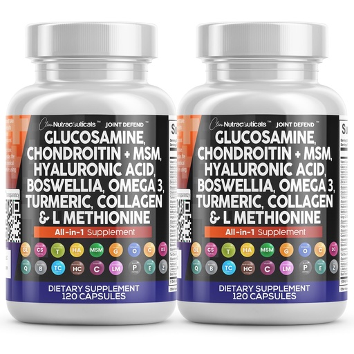 [BRSREH37AR6QKGTA] Clean Nutraceuticals Glucosamine Chondroitin MSM 1500mg with Turmeric Curcumin, Collagen, Hyaluronic Acid, Omega 3 – Joint Health Supplement for Men & Women (120 Count (Pack of 2))