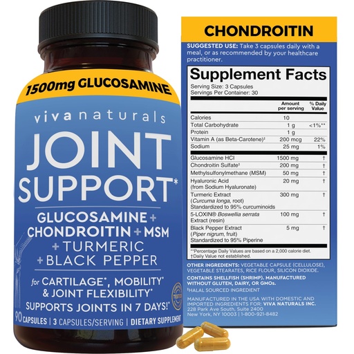 [BRSRMCA5OUNQEAA6] Viva Naturals Glucosamine Chondroitin MSM Joint Support Supplement, 90 Capsules - with Turmeric, Black Pepper, Boswellia and Hyaluronic Acid - Joint Health Supplement for Mobility and Flexibility