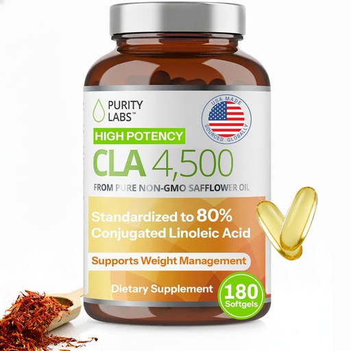 [BRSWKYL5C4FRGC3I] Purity Labs CLA Supplements 4500MG - Non-GMO Safflower Oil - Supports Energy, Weight Loss, Heart Health, and Muscle Health - 180 Soft gels
