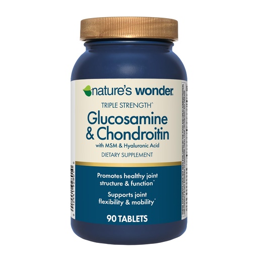 [BRSRAFQ7BENR4DYV] Nature's Wonder Triple Strength Glucosamine Chondroitin with MSM and Hyaluronic Acid and Boswellia for Joint Health, Supports Joint Flexibility and Mobility, 45 Day Supply, 90 Tablets