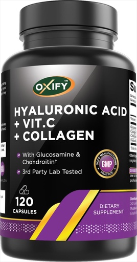 [BRSREAQQCF7WOCYV] Oxify Hyaluronic Acid with Glucosamine, Chondroitin, Collagen, Vitamin C - 1410 mg per Serving - 120 Capsules | Gluten-Free, Non-GMO | Supplement Made in USA