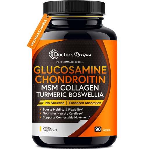 [BRSWYAD7O4NBMDYU] Doctor's Recipes Glucosamine Chondroitin MSM Turmeric Quercetin, with Black Pepper for High Absorption, No Shellfish, 90 Tablets