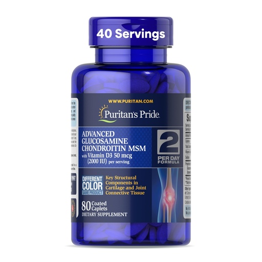 [BRSWIEYTOMAWGFTO] Puritan's Pride Advanced Glucosamine Chondroitin MSM With Vitamin D3 50mcg (2000 IU), Dietary Supplement for Joint Health, 80 Coated Tablets