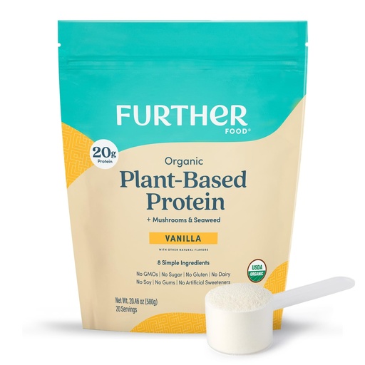 [BRSROCAQC4IBO236] Further Food Organic Vegan Protein Powder Vanilla – 20g Pea Protein with Mushrooms & Seaweed, Non-GMO, Gluten Free, Sugar Free, 20.46 Oz