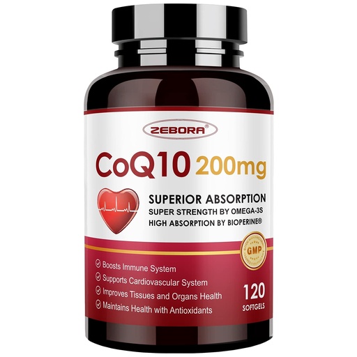 [BRSW2ZAHBAJRM333] ZEBORA CoQ10-200mg-Softgels with PQQ, BioPerine & Omega-3, 120 Servings Coenzyme Q10(Ubiquinone) Supplement for High-Absorption, Powerful-Antioxidant, Support Heart & Energy-Production