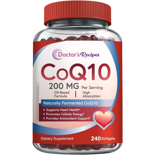 [BRSRAHQCCMNBYAA2] Doctor's Recipes CoQ10 200mg Per Serving, High Absorption Coenzyme Q10 Supplement with Olive Oil, Heart & Vascular Health, Energy Production & Antioxidant Support, 4 Month Supply, 240 Softgels