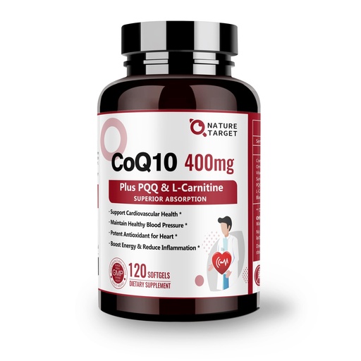 [BRSRMYADBZ6WYELH] NATURE TARGET CoQ10-400mg with PQQ, Omega-3s & L-Carnitine, High Absorption Coenzyme-Q10 with BioPerine, Supports Heart, Brain, Immune System, Energy Production, 120 Servings
